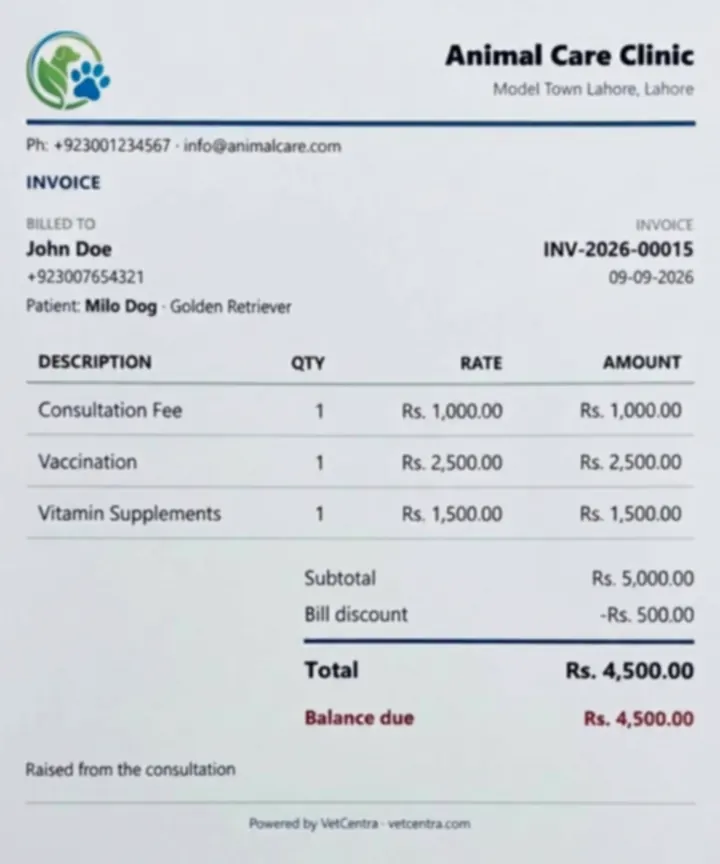 An A4 invoice generated by VetCentra with the clinic's own logo, tax line and gapless invoice number