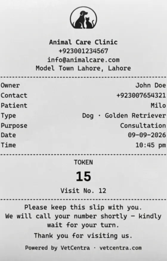 A token slip printed on an 80 mm thermal roll showing the patient, purpose and queue number